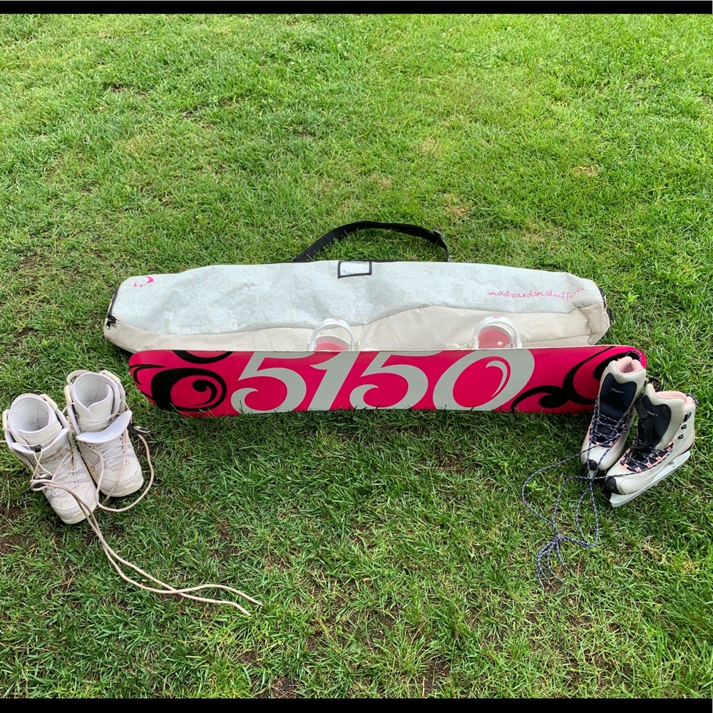 Snowboard, bindings, boots, bag, ice skates